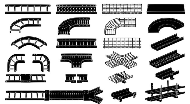 Detailed technical vector illustration of electrical cable tray systems and industrial cable management components for facility infrastructure