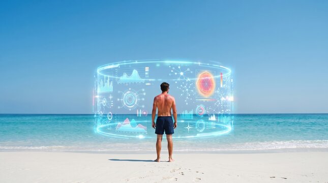 Man on beach interacts with futuristic holographic data display