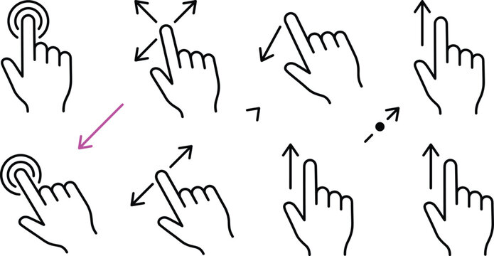 Touch screen hand gesture cursor line art vector set with tap drag expand swipe scroll and click icons