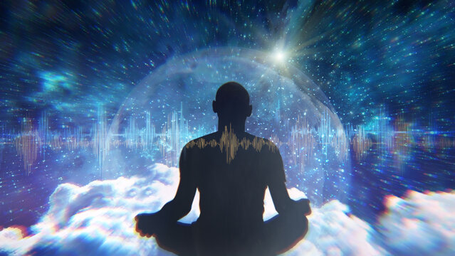 Yoga cosmic space meditation illustration, silhouette of man practicing outdoors