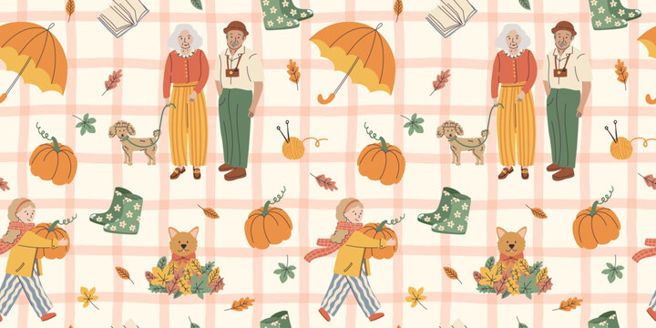 Autumn cozy lifestyle seamless pattern. Vector illustration of senior couple walking dog, girl carrying pumpkin, umbrella, boots, and fall leaves on plaid background. Naive art for fabric.