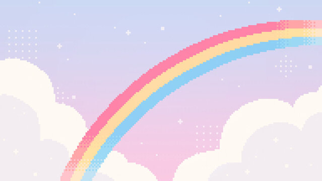 ドット絵　虹と雲のファンシーでかわいい背景イラスト　ピクセル　壁紙　配信画面　16:9