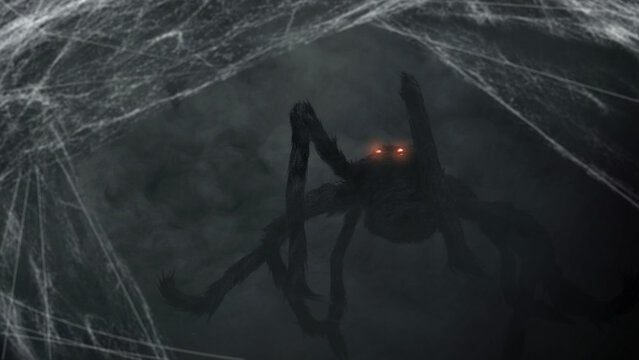 A terrifying, giant spider lurking in the shadows of a dark, atmospheric cave, surrounded by thick, intricate cobwebs with glowing red eyes staring out from the darkness. Concept of Halloween