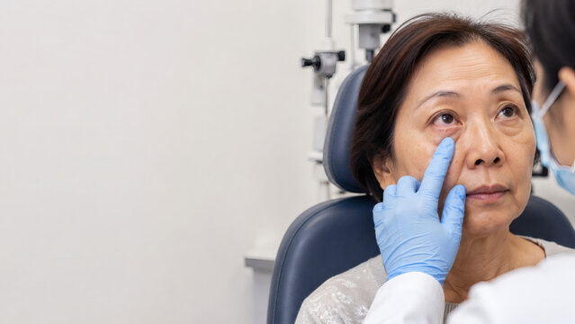 Senior Woman Undergoing Eye Examination for Meibomian Gland Dysfunction