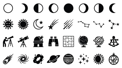 Set of 32 black astronomy icons featuring moon phases, celestial bodies, constellations, telescopes, observatory, binoculars, planets, galaxies, and navigational tools on white background. © VectorSuka