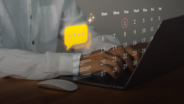 Business man working on laptop using internet for online communication and technology. Virtual calendar schedule and Ai chat for planning digital marketing strategy and networking.