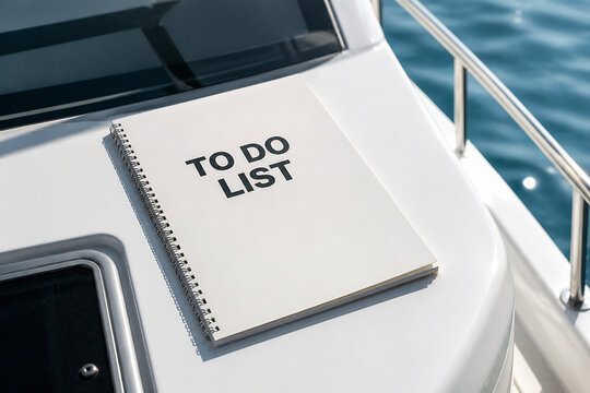 A spiral-bound to do list notebook rests on the white deck of a boat on the water.