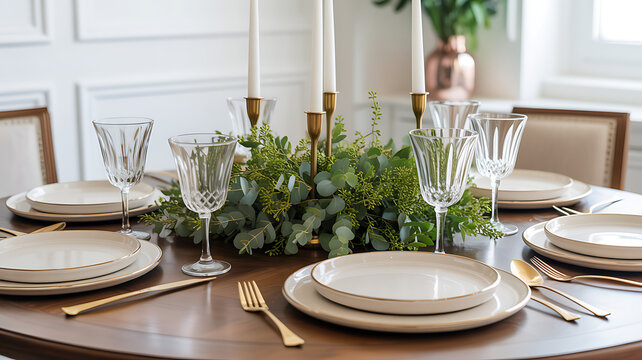 Elegant dining table set with white porcelain plates and gold cutlery decorated with green eucalyptus leaves and tall candles for a fancy holiday dinner gathering in a modern home