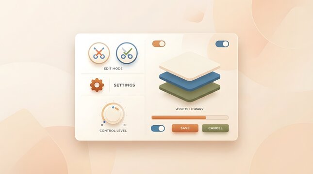 Modern user interface design with soft pastel colors showing asset library layers control level dial and edit mode buttons in clean layout.