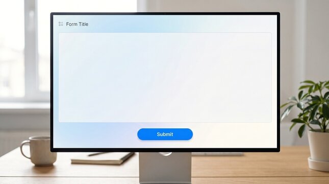Minimalist digital form on computer screen. Web interface with blue submit button.