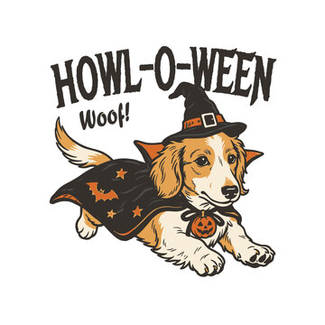 Retro spooky puppy dog in witch costume with Howl-o-ween pun text, vintage graphic illustration for t-shirt design and Halloween apparel