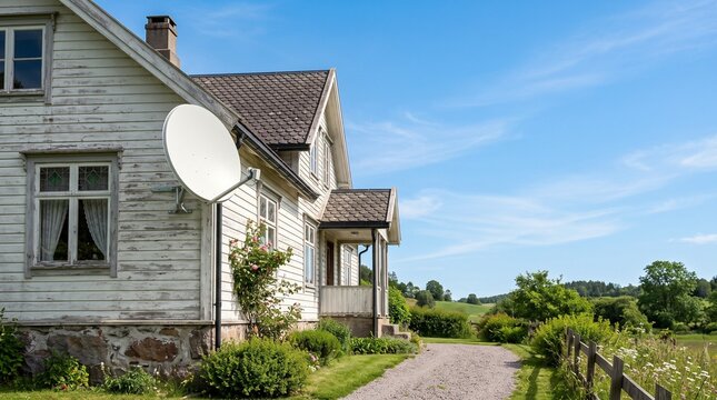 Satellite dish on a rustic farmhouse. Modern telecommunications technology in rural areas.