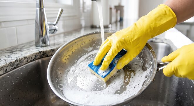 Person Wearing Yellow Rubber Gloves Scrubbing A Stainless Steel Pan With A Blue Sponge Under A Running Kitchen Faucet Spout For Deep Cleaning