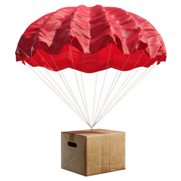 cardboard package with red parachute on white background for delivery concept air drop shipping supplies logistics e commerce package handling and marketing visuals