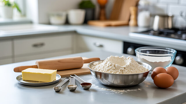Fresh baking ingredients like flour in a bowl butter eggs and milk on a wooden kitchen table ready for making homemade bread or delicious cake recipe in a bright home kitchen setting