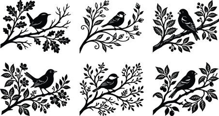 Obraz premium Bird Silhouette Collection on Decorative Floral and Leafy Branches Isolated on White Background Vector Clipart Set for Nature Design