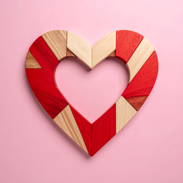 Coraz&oacute;n formado por piezas de madera rojas y naturales sobre fondo rosa. Concepto de amor, romance, pasi&oacute;n, San Valent&iacute;n, afecto y relaciones
