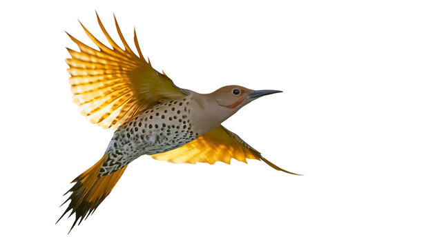 Northern Flicker bird in flight with yellow wings and spotted body