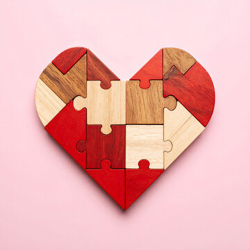 Coraz&oacute;n formado por piezas de madera rojas y naturales sobre fondo rosa. Concepto de amor, romance, pasi&oacute;n, San Valent&iacute;n, afecto y relaciones