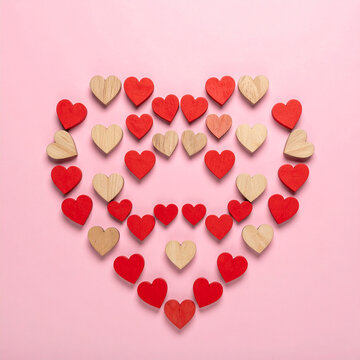 Corazon formado por corazones de madera rojos y naturales sobre fondo rosa. Concepto de amor, romance, pasi&oacute;n, San Valent&iacute;n, afecto y relaciones