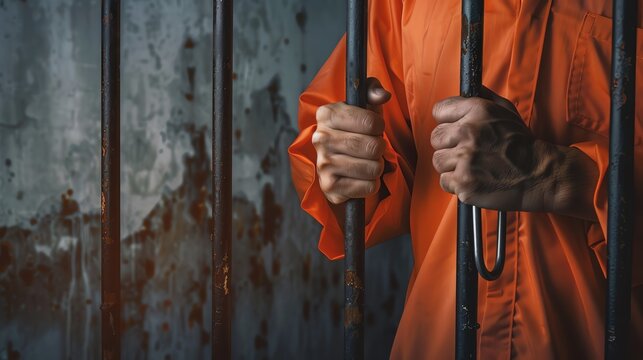 Hands gripping prison bars in orange uniform.