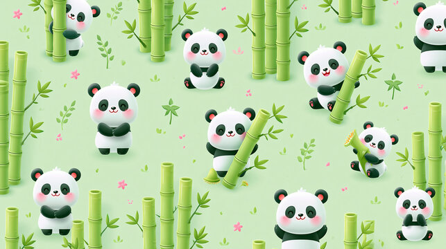 Cute pandas playing among bamboo in a playful, colorful setting.