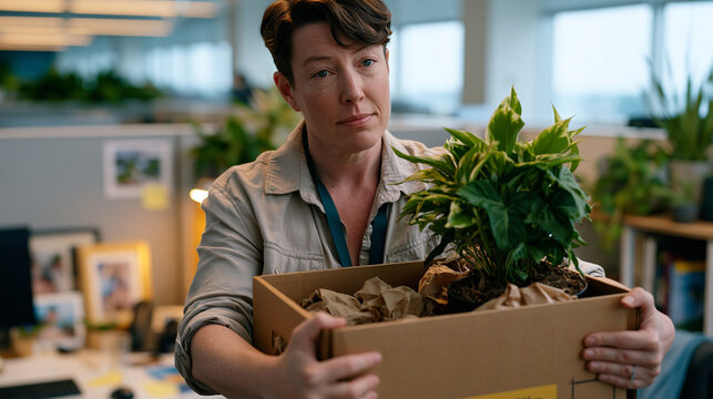 A mid-career professional unpacks their home office into a company cubicle they clearly haven't used in years, a potted plant and framed photos in a box, reluctance to re-institutionalize personal s