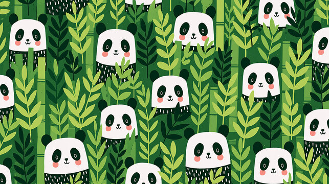 Playful pattern of cute panda faces peeking through lush green foliage.