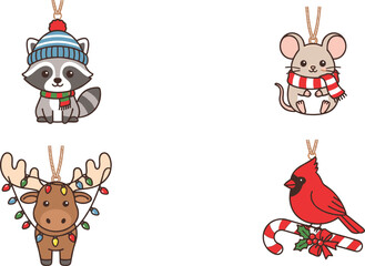 Naklejka premium Cute woodland animal Christmas ornament vector set with raccoon, mouse,
