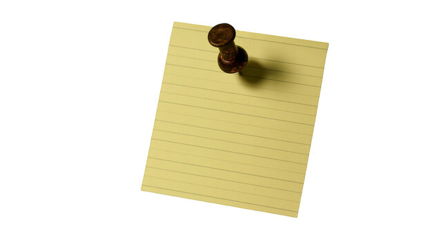 Yellow lined notepad page pinned with a dark metal thumbtack