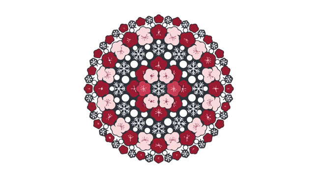 Colorful snowflake mandala pattern with pink white red and black circular shapes for winter holiday themed design