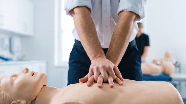 Professional medical instructor demonstrates cardiopulmonary resuscitation on a mannequin to train students in life saving chest compression