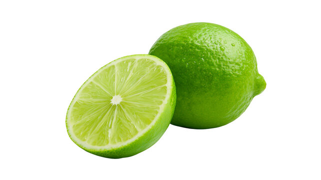 Whole and halved green lime citrus fruit with visible juicy pulp