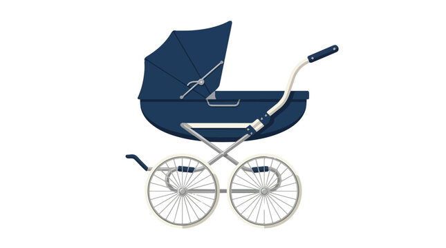 classic navy blue vintage baby stroller with large spoked wheels and curved handle for quality outdoor use