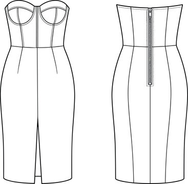 Strapless bustier midi dress technical drawing with boned bodice and back zipper sketch