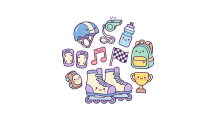 Fototapeta premium Circular arrangement of cute skating equipment icons.