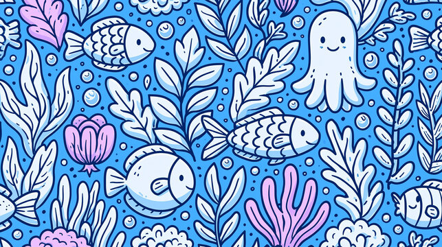 Colorful underwater scene featuring playful fish and an octopus among sea plants.