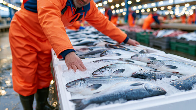 Fishery worker in waterproof orange overalls and rubber boots standing on the wet floor of a busy fish auction market, manually sorting and arranging fresh whole fish into large st