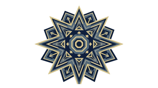 intricate geometric starburst pattern with dark blue gold shades and symmetrical shapes suitable for artistic designs and decorative backgrounds