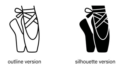 Ballet Slippers - Outline and Silhouette: Two styles of ballet pointe shoes, one depicted as a clean line drawing and the other as a solid silhouette, showcase the elegance and artistry of dance. © mass
