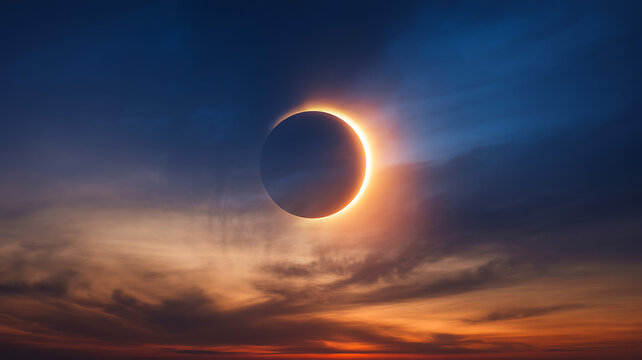 A stunning total solar eclipse showing the glowing sun corona ring in the dark blue and orange sunset sky with beautiful clouds during a rare and dramatic astronomical space event