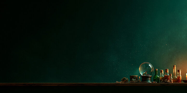 Crystal ball and assorted bottles on a wooden surface dark teal background sphere glass orb
