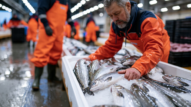 Fishery worker in waterproof orange overalls and rubber boots standing on the wet floor of a busy fish auction market, manually sorting and arranging fresh whole fish into large st