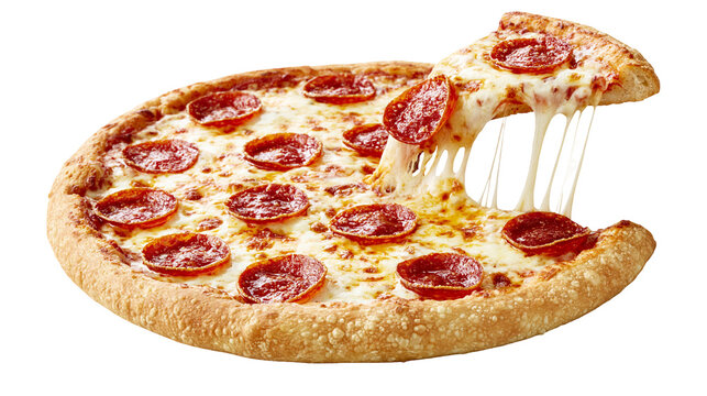 Pepperoni pizza slice with melted cheese stretching