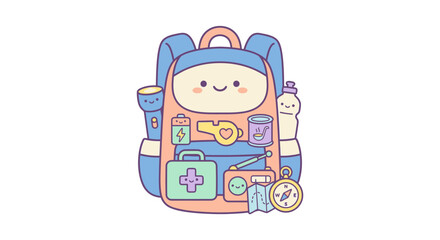 Fototapeta premium Cute backpack character with survival supplies.