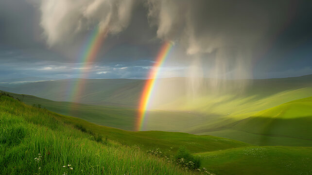 Beautiful double rainbow stretching across a lush green valley during a stormy afternoon with heavy rain clouds and bright sunlight hitting the hills in a peaceful rural landscape scene