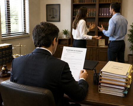 Divorcio, separaci&oacute;n con abogado ley, demanda y bienes gananciales con escritura, pareja discutiendo y resoluci&oacute;n judicial repartir con expediente y proceso denuncia sobre la mesa