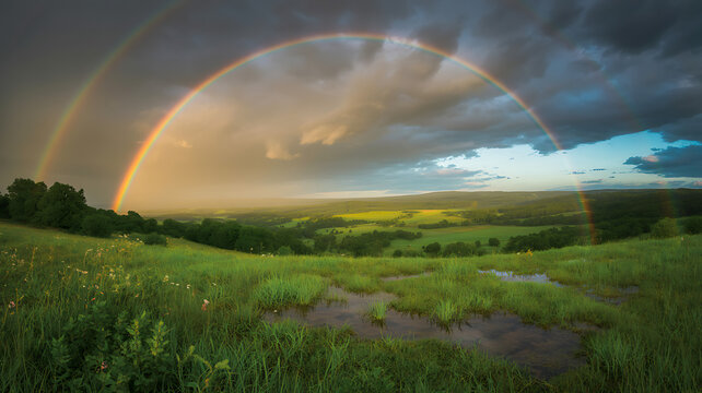 Beautiful double rainbow shining over a green grassy meadow with dark storm clouds after rain in the countryside during a late summer afternoon with golden light hitting the landscape