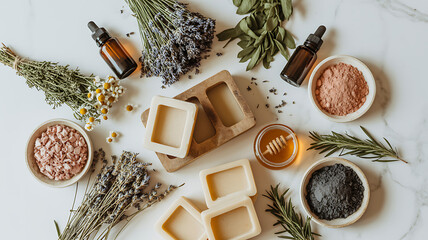 Naklejka na ściany i meble Natural handmade soap bars with essential oil bottles dried flowers and sea salt in bowls for organic spa skincare beauty treatment and homemade bath products on a marble table surface