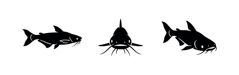 Fototapeta premium Black Silhouettes of Catfish in Various Poses, Freshwater Fish Icons